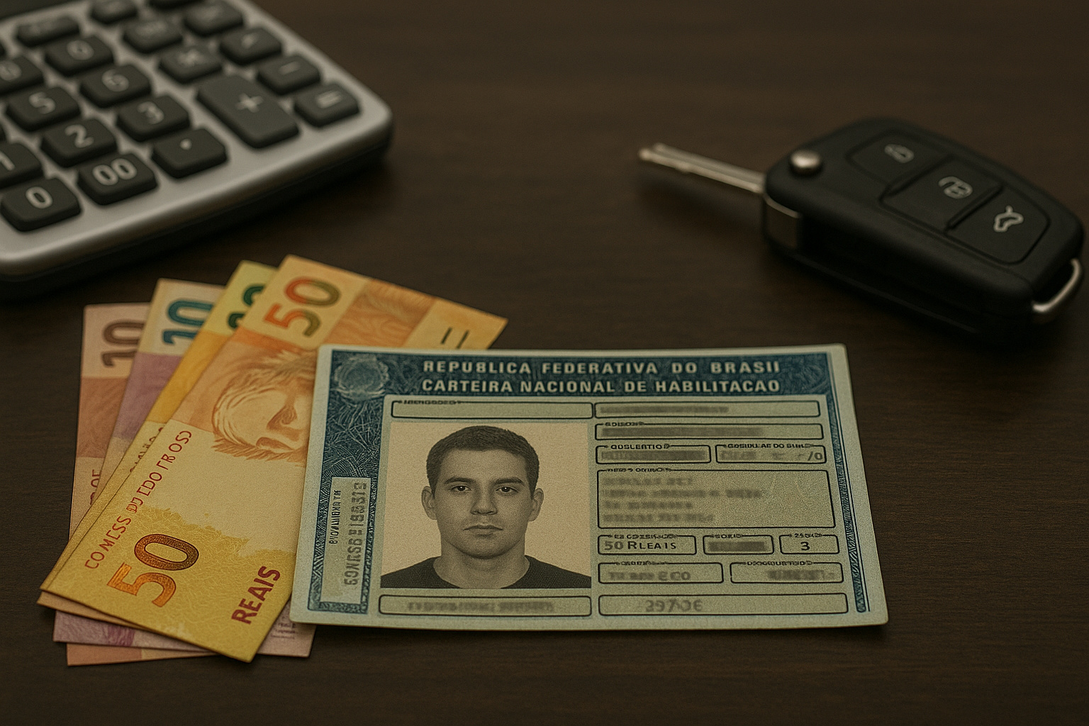 Cédulas de real, carteira de motorista e chave de carro representando os custos para tirar a CNH em 2025