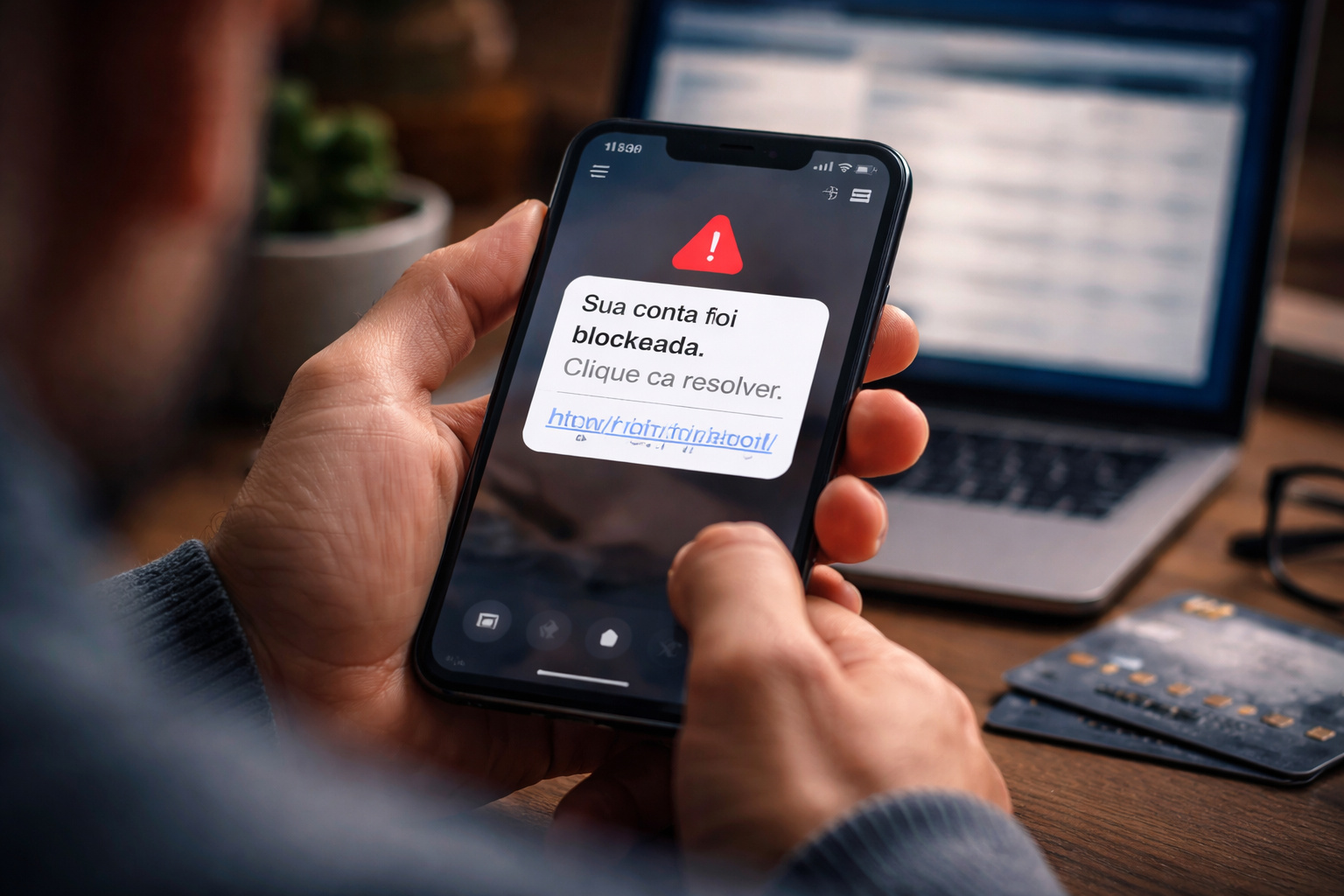 Pessoa segurando smartphone com mensagem de alerta sobre conta bancária, ilustrando comunicação não oficial recebida por SMS em ambiente digital.