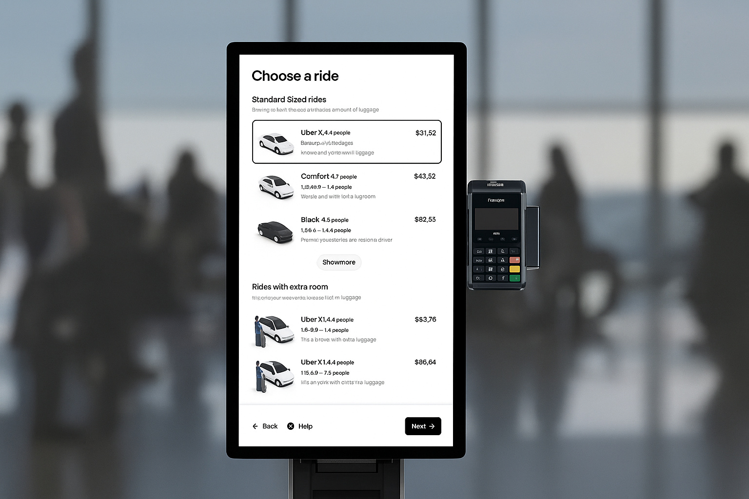 Totem físico da Uber em aeroporto permite solicitar corrida sem aplicativo, com tela de escolha de categorias e pagamento no local.