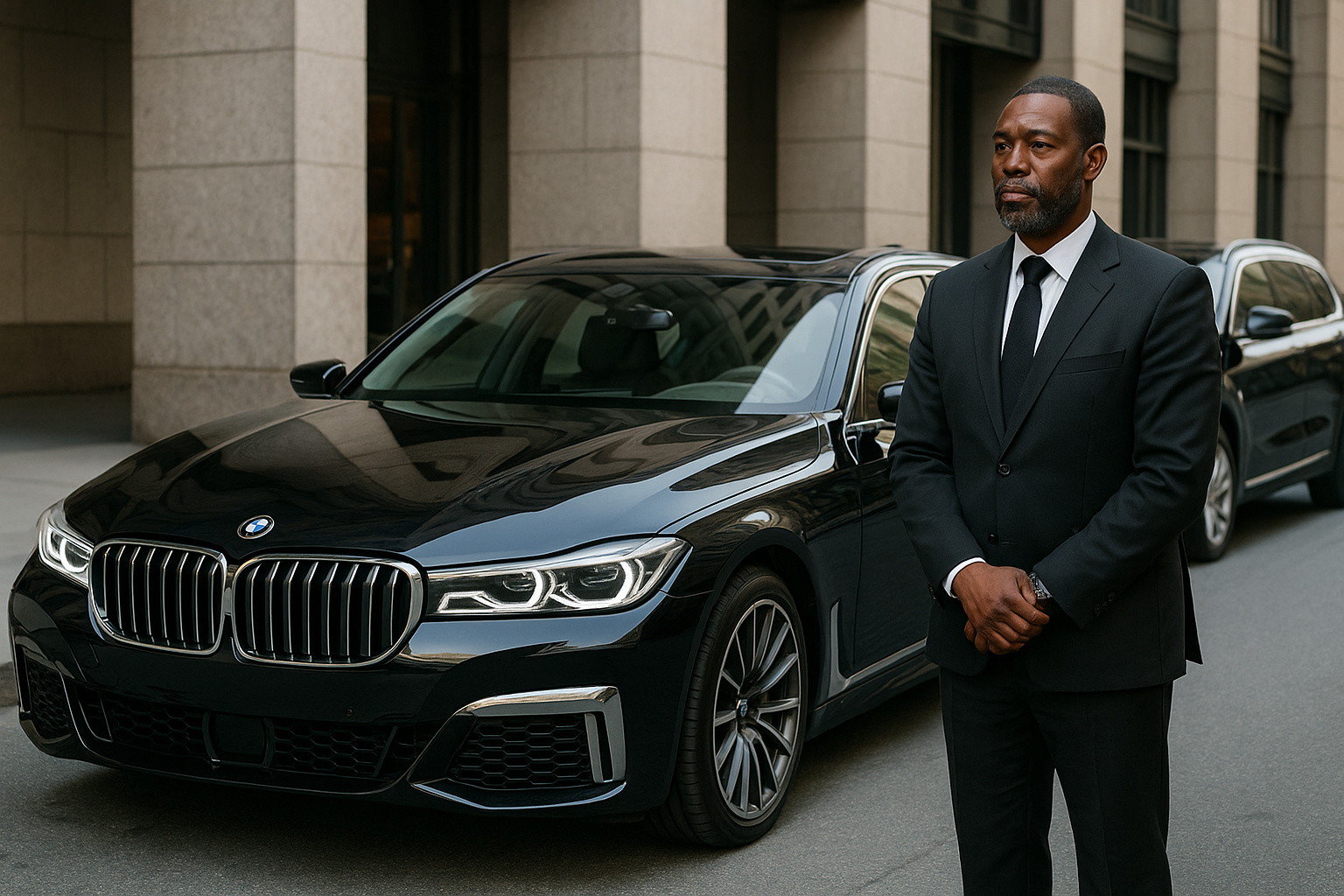 Motorista profissional ao lado de uma BMW 7 Series em ambiente urbano de alto padrão, representando o serviço premium da Vippers.