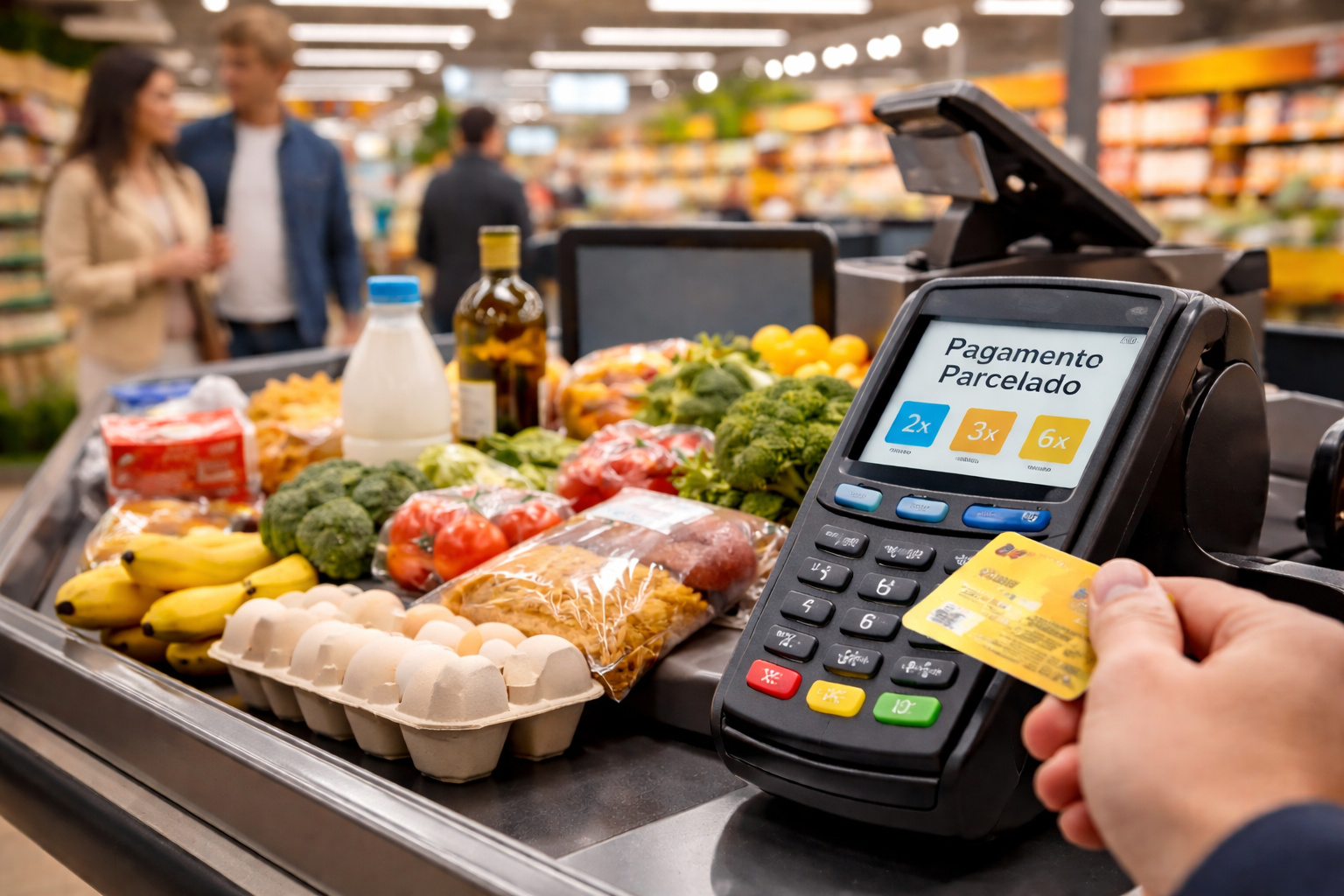 Cliente realiza pagamento parcelado de alimentos no cartão em caixa de supermercado, com itens básicos como ovos, frutas, leite e verduras sobre a esteira.