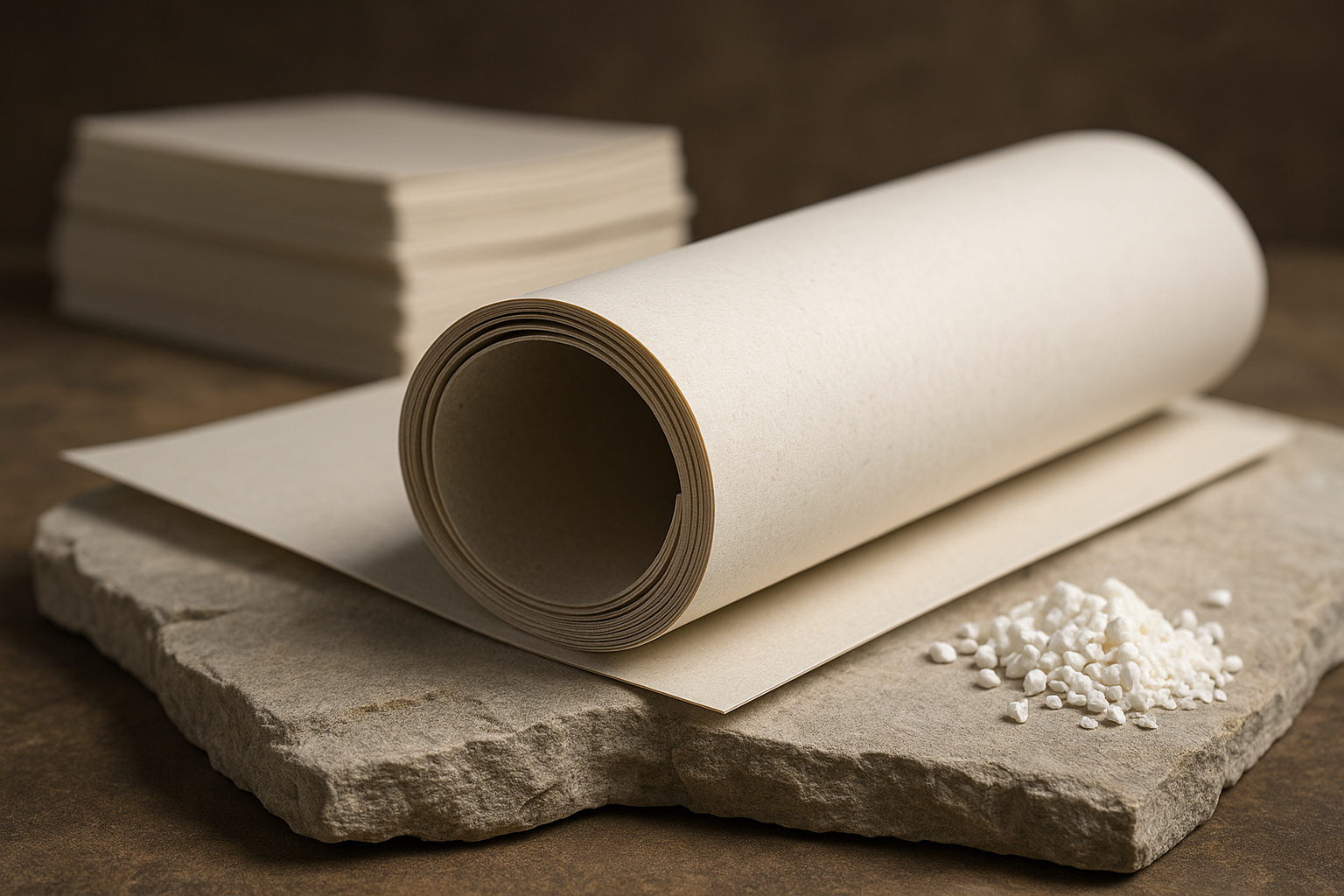 Rolos de papel mineral sobre base de pedra com granulado de carbonato de cálcio.