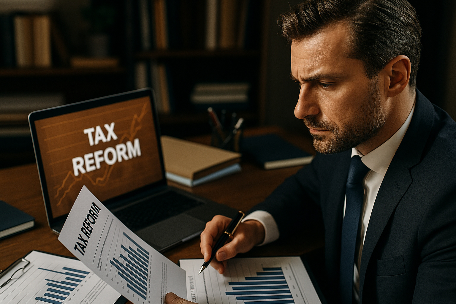 Profissional analisando documentos da reforma tributária no escritório, com gráficos fiscais e laptop exibindo informações sobre mudanças tributárias.