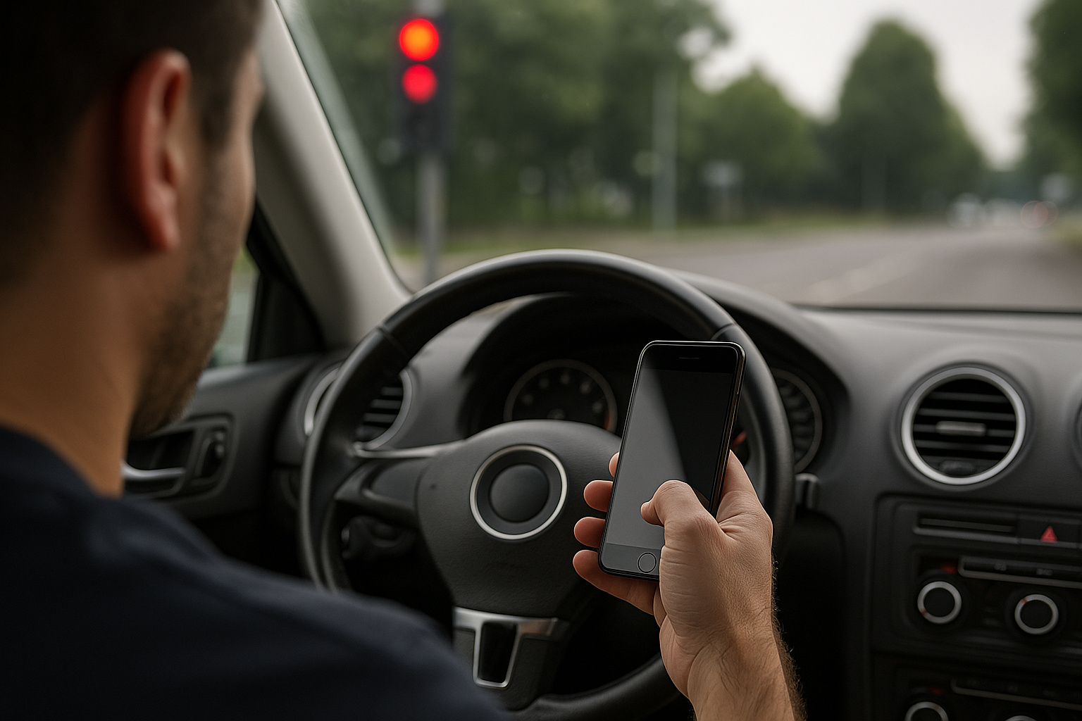 Motorista segurando celular dentro do carro parado no semáforo, com volante e painel visíveis, ilustrando distração ao volante.