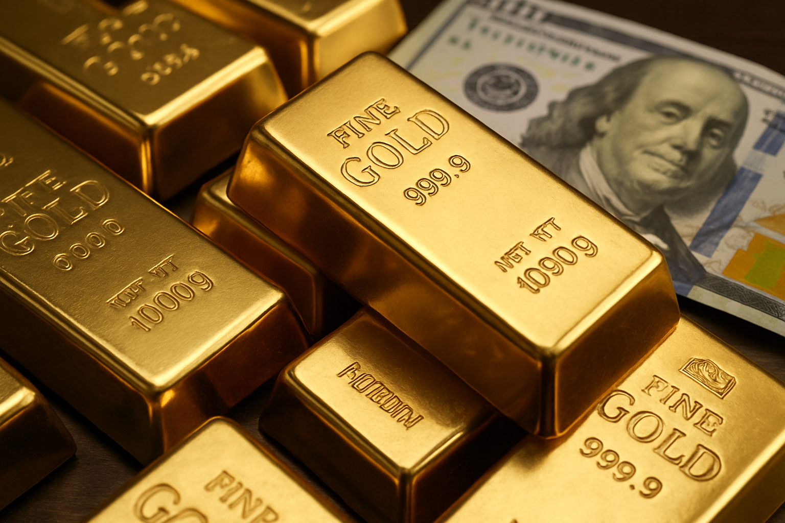 Barras de ouro empilhadas ao lado de cédula de dólar, representando a valorização do ouro em 2025.