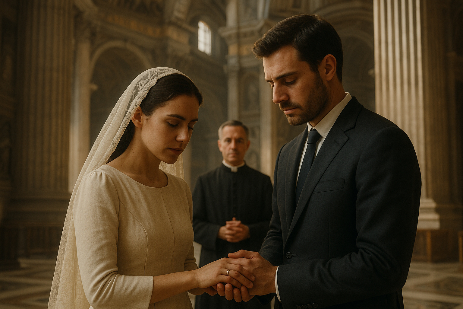 Casal católico no Vaticano representando o novo decreto sobre exclusividade matrimonial.