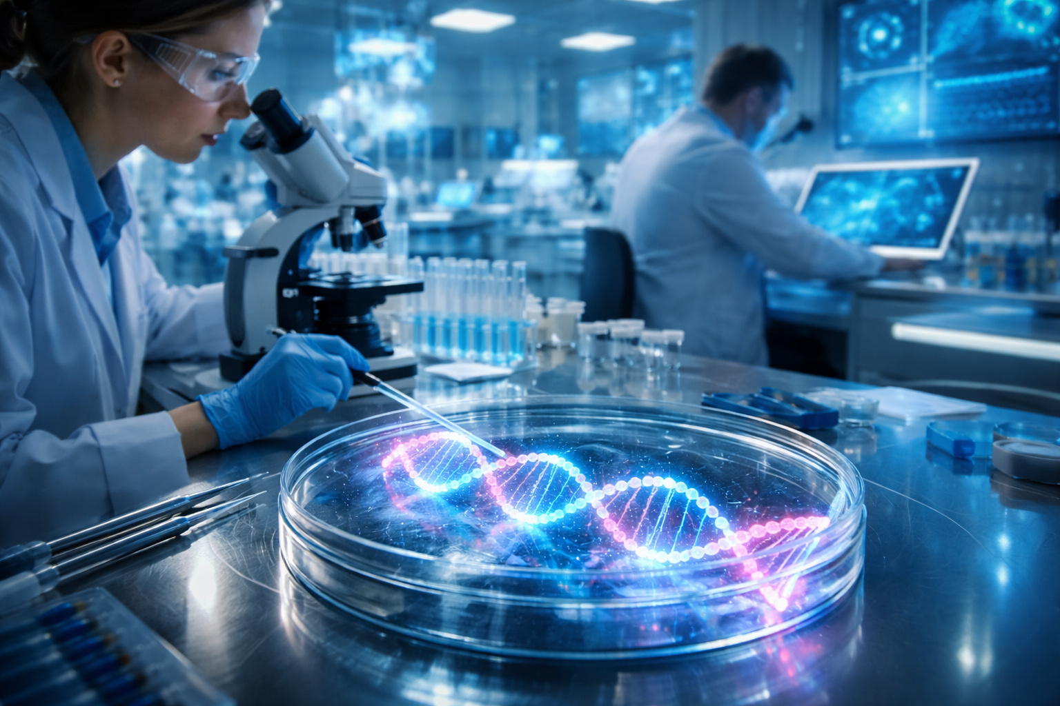 Pesquisadores em laboratório de biologia sintética analisam DNA humano sintético em placa de Petri com equipamentos científicos avançados.