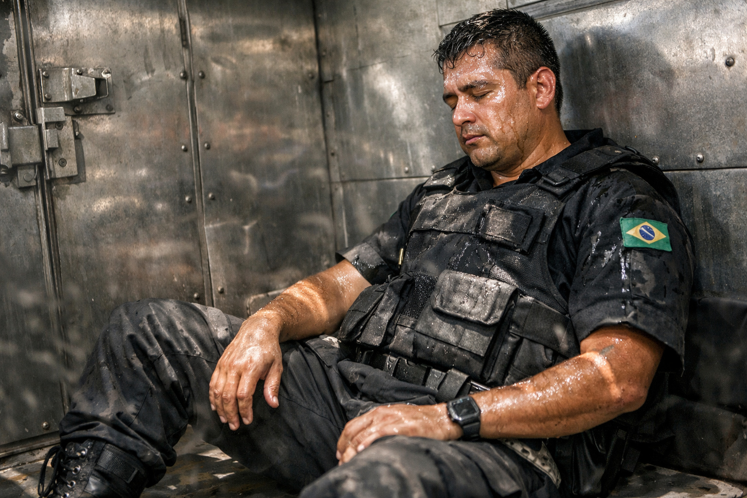 Vigilante trabalhando em carro-forte sem ar-condicionado sob calor extremo.