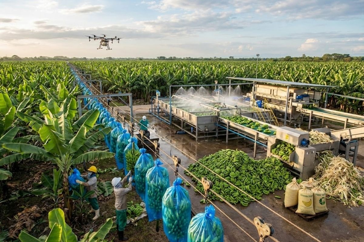 bananas na colheita de bananas viram chips de banana, farinha de banana e fibra têxtil, explicando manejo, lavagem e água no campo e na indústria.