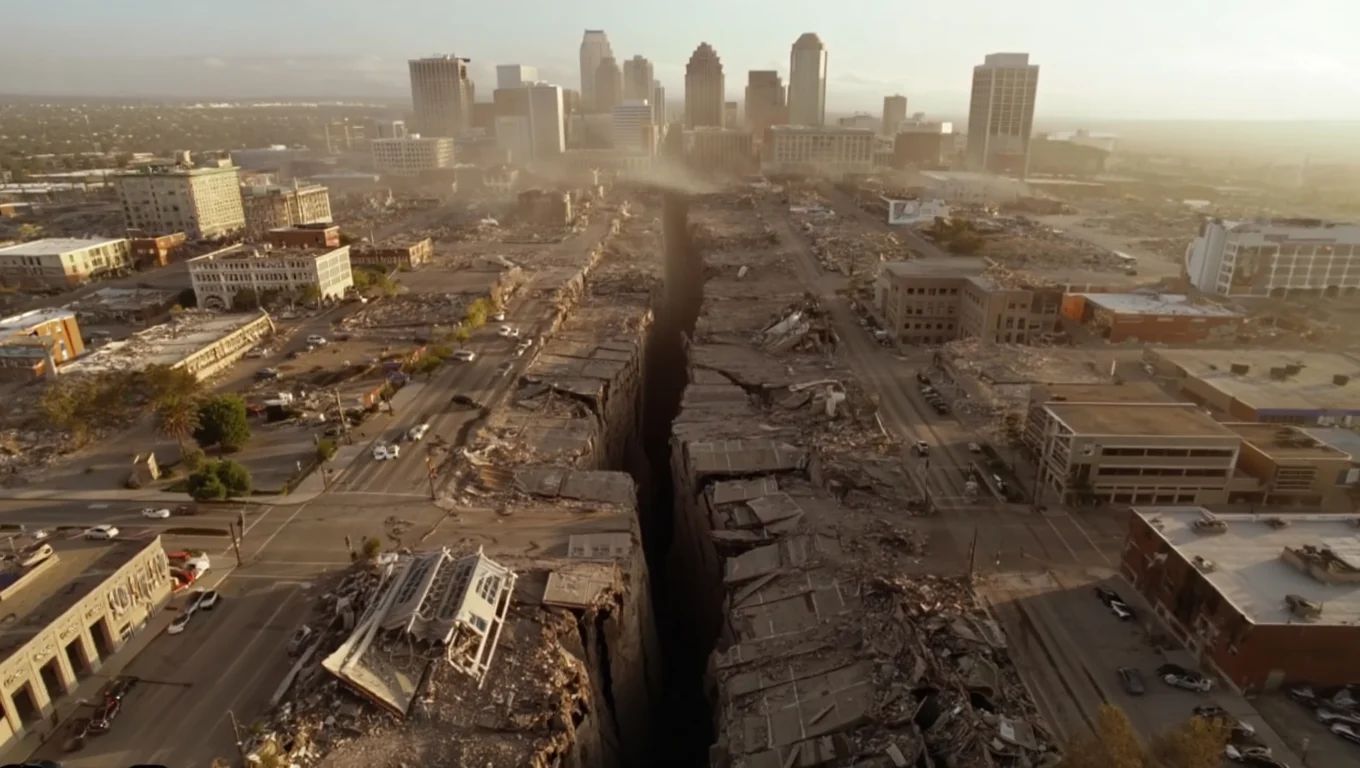 Ilustração artística de uma falha cortando uma cidade ao meio. (Imagem: Reprodução)