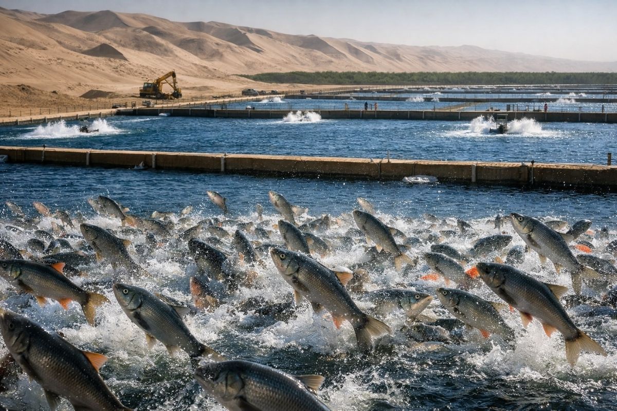 China impulsiona aquicultura no deserto no deserto de Taklamakan, em Xinjiang, e populariza frutos do mar do deserto com tanques e água reciclada.