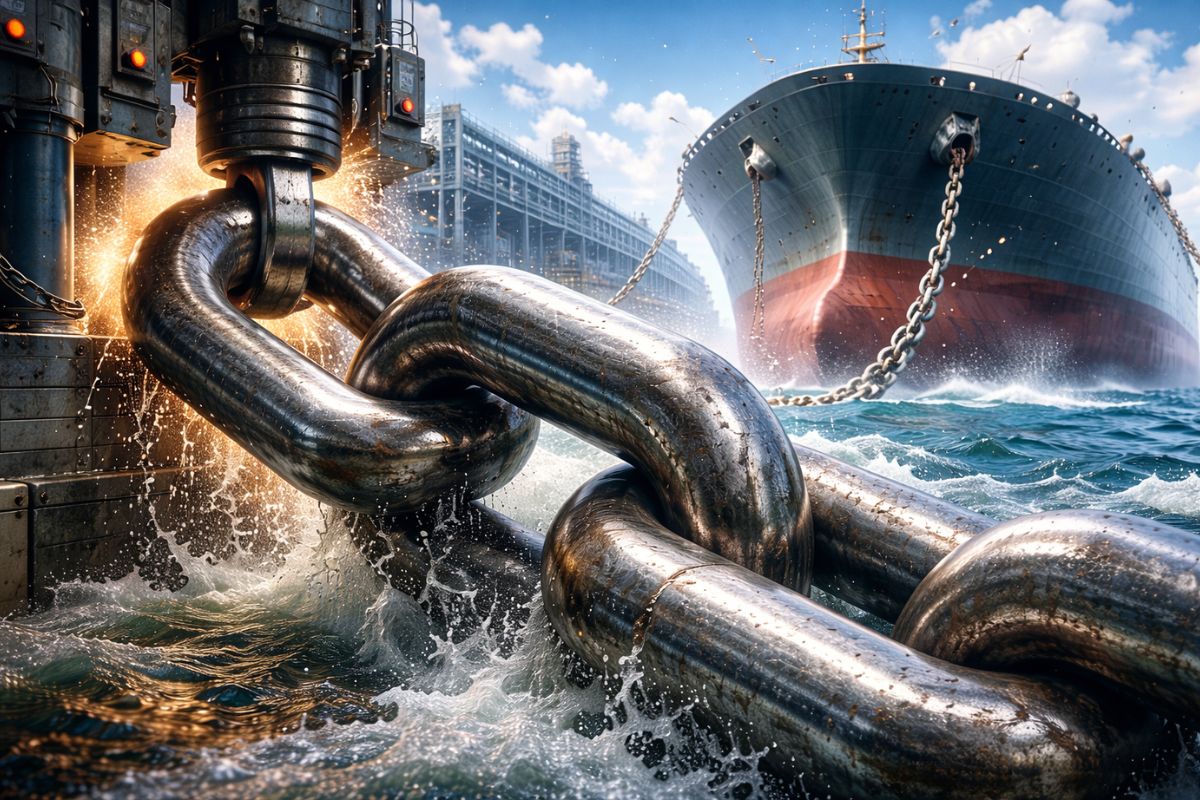 A corrente de âncora mais forte do mundo segura navios de 200 mil toneladas no limite elos de 100 kg, aço especial, solda invisível e testes para tentar destruí-la hoje