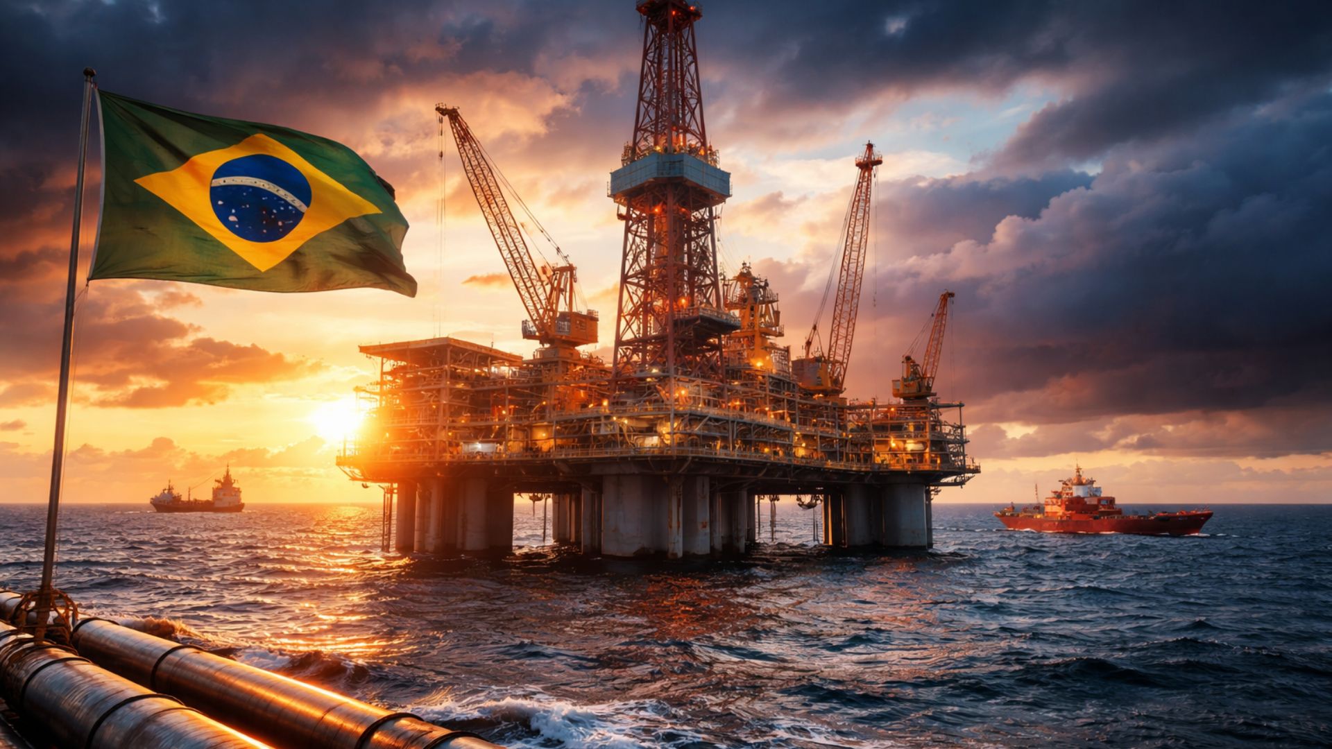Plataforma de perfuração offshore operando em águas brasileiras durante o pôr do sol, representando investimentos em exploração de petróleo e gás no Brasil