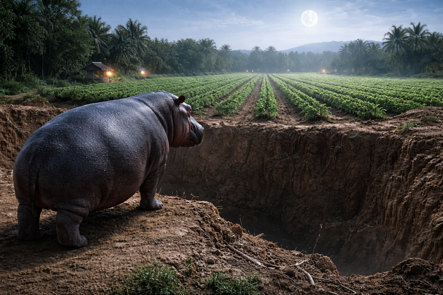 Agricultores cavaram fossos profundos ao redor das lavouras para conter hipopótamos que invadiam plantações à noite e destruíam colheitas inteiras em poucas horas