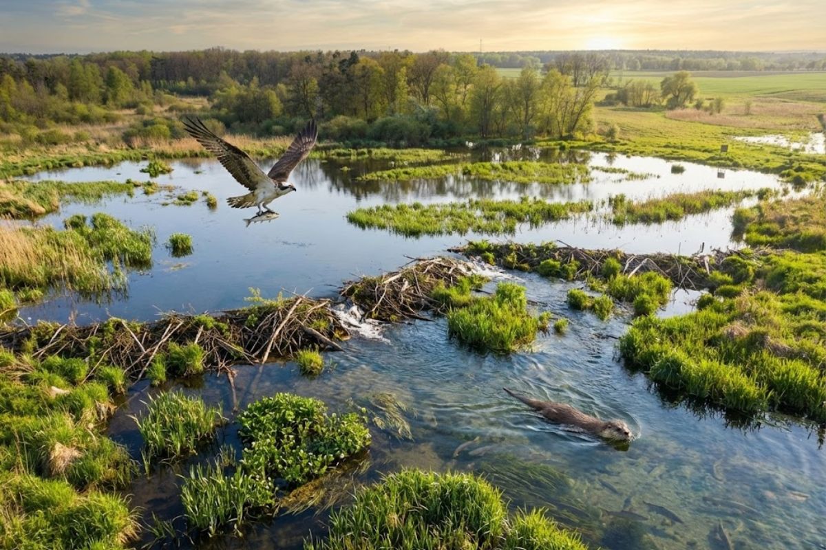 pântano no Delta do Oder: reumedecimento na Planície de Rożnowo com castores retém água, reduz carbono e reativa biodiversidade.
