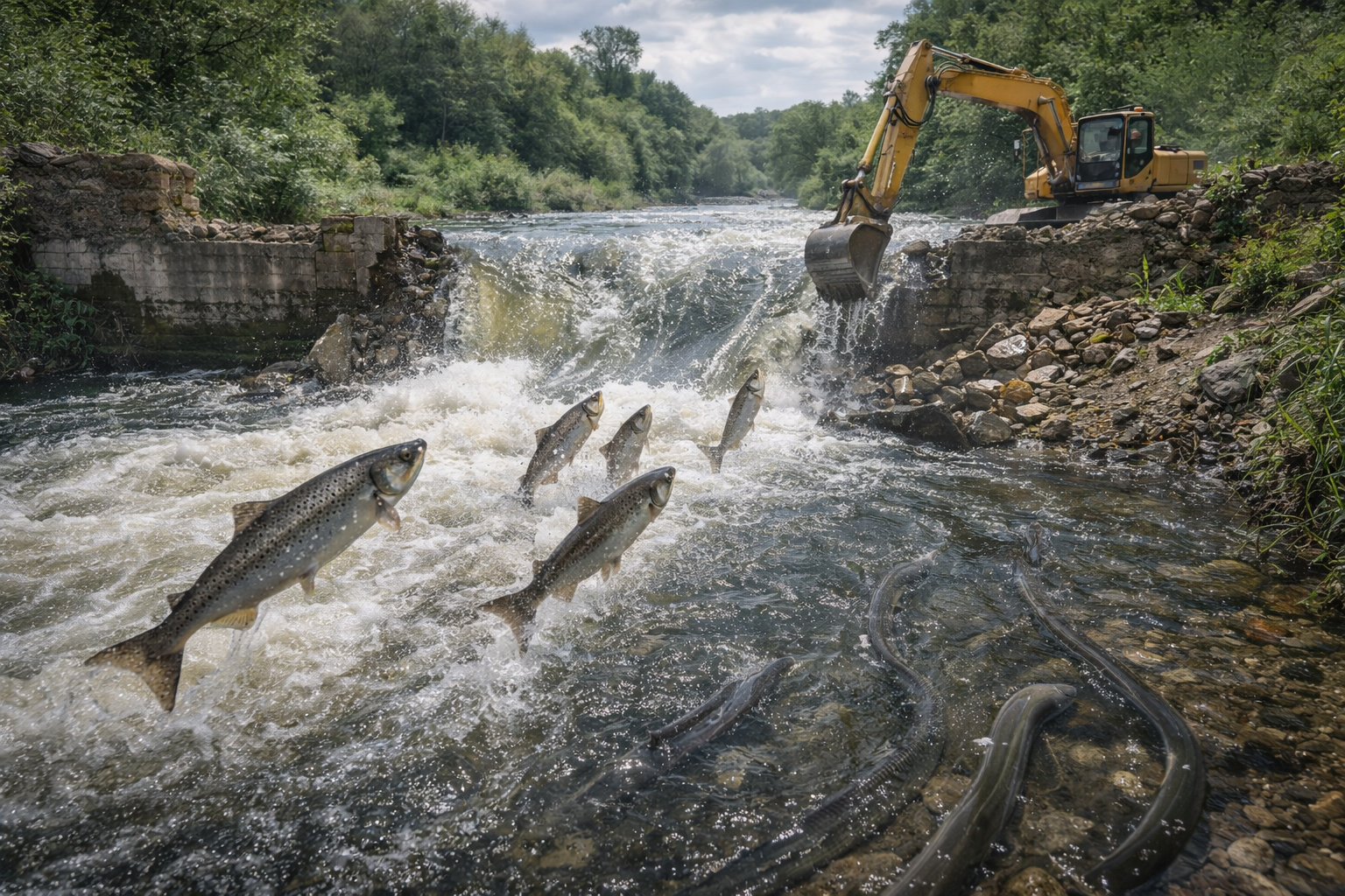 Alemanha remove mais de 120 pequenas barragens, libera centenas de quilômetros de rios bloqueados há décadas e aposta na volta de salmões e enguias após um século de interrupção
