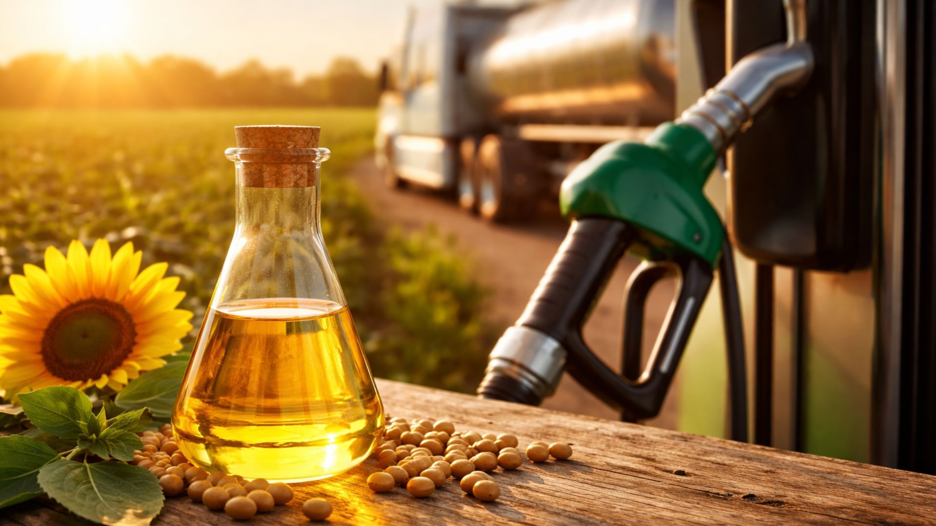 Frasco com biodiesel de coloração dourada ao lado de grãos de soja e bico de abastecimento, em cenário agrícola que representa a produção sustentável de biocombustíveis no Brasil.