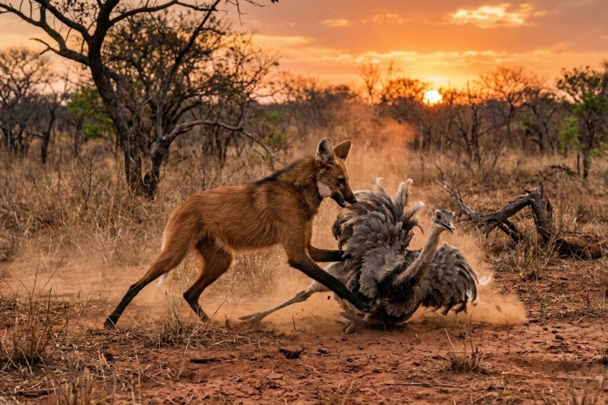 lobo-guará é flagrado por armadilha fotográfica no Cerrado durante ataque a ema, revelando comportamento raro que surpreendeu pesquisadores e ampliou estudos sobre a espécie