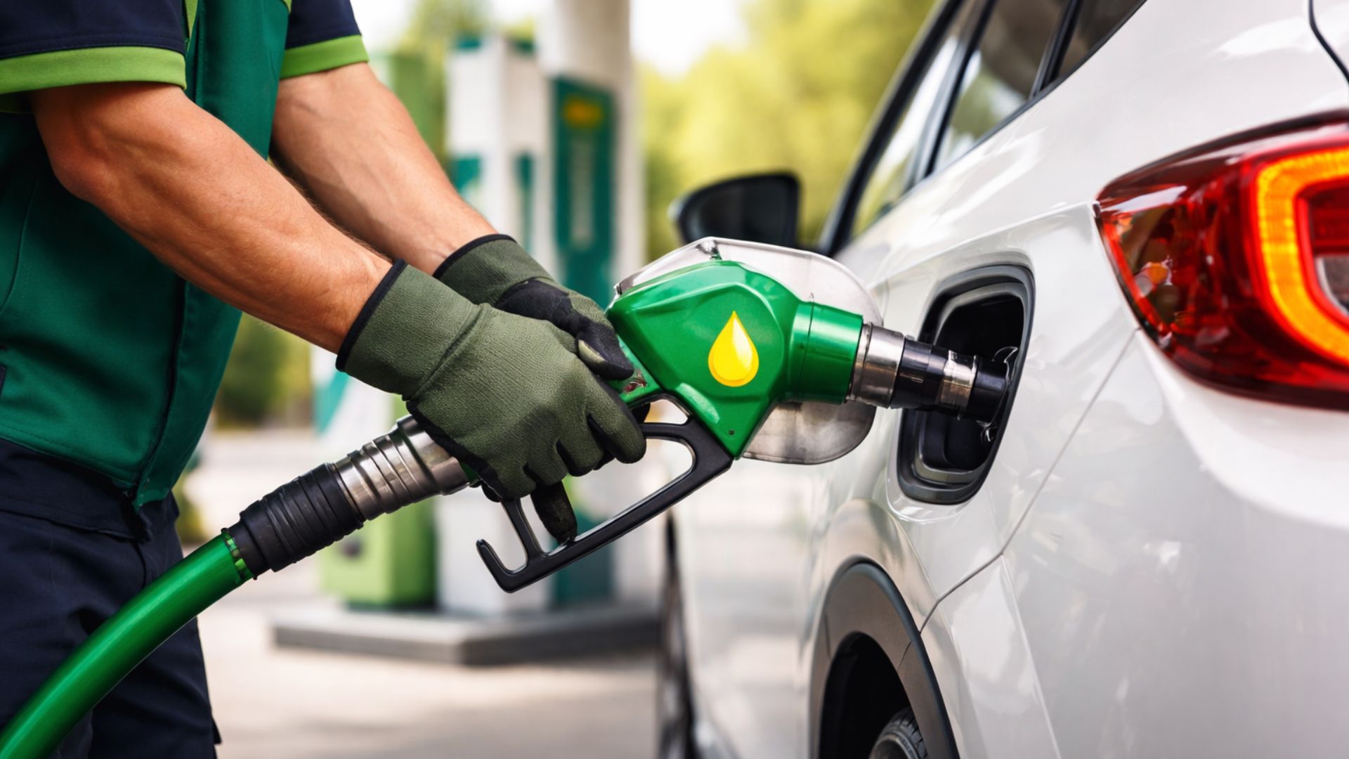 Frentista abastece veículo com biocombustível em posto de combustível, destacando o uso de energia limpa e sustentável no transporte.