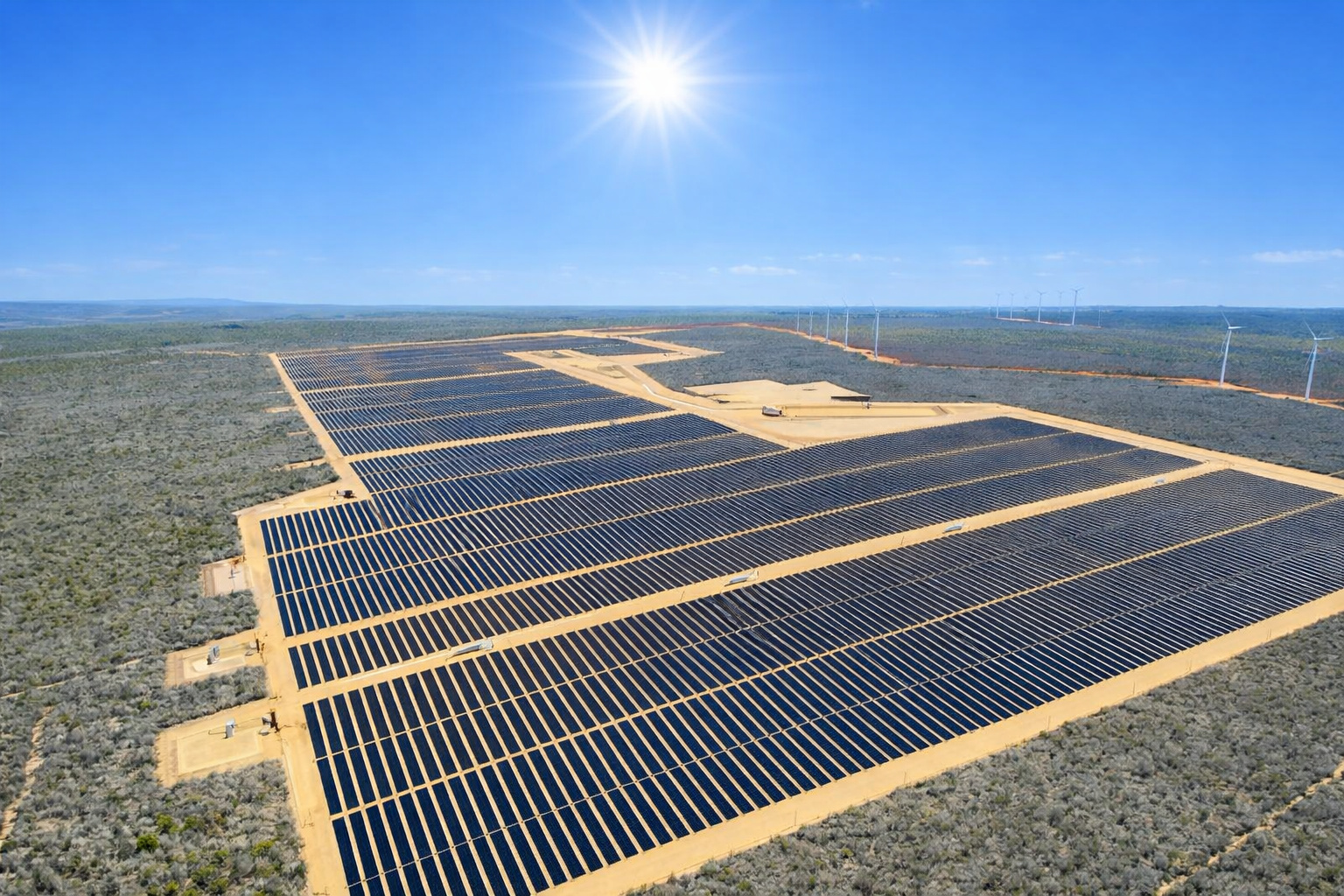 Vista aérea de um grande parque de energia solar ao meio-dia, com fileiras de painéis solares em área rural e turbinas eólicas ao fundo.