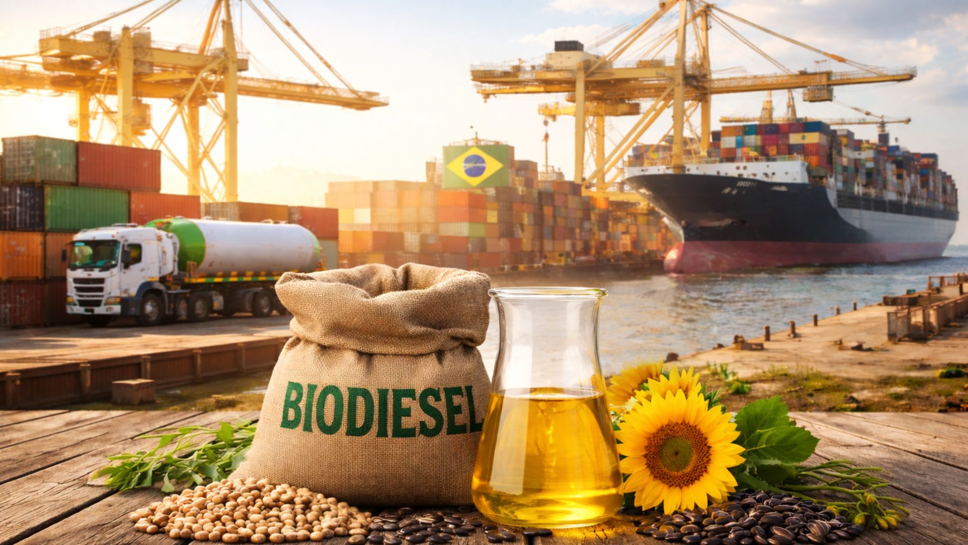 Porto com navio cargueiro e contêineres ao fundo, biodiesel em recipiente de vidro, grãos oleaginosos e saco identificado como biodiesel em primeiro plano, simbolizando a importação e a produção de biocombustível no Brasil.