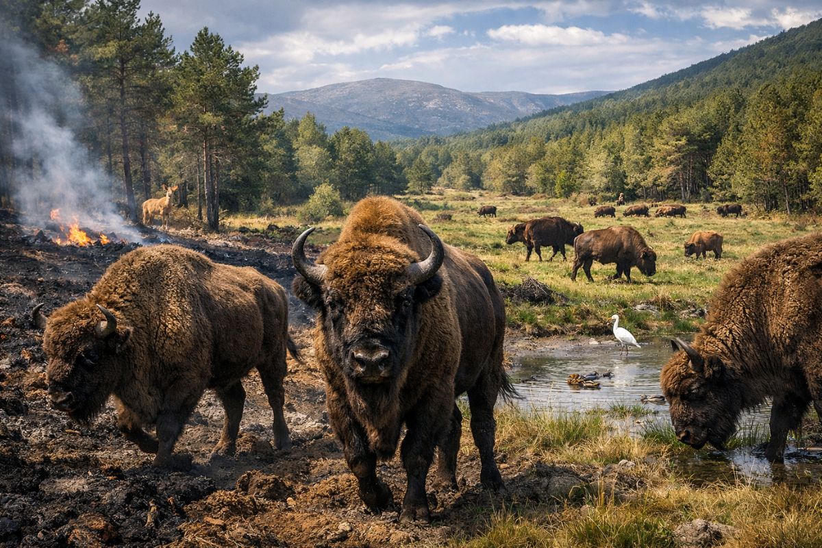 Bisontes e bisontes europeus iniciam restauração ambiental nos planaltos ibéricos, transformando solos, florestas e a Espanha rural com rewilding histórico.