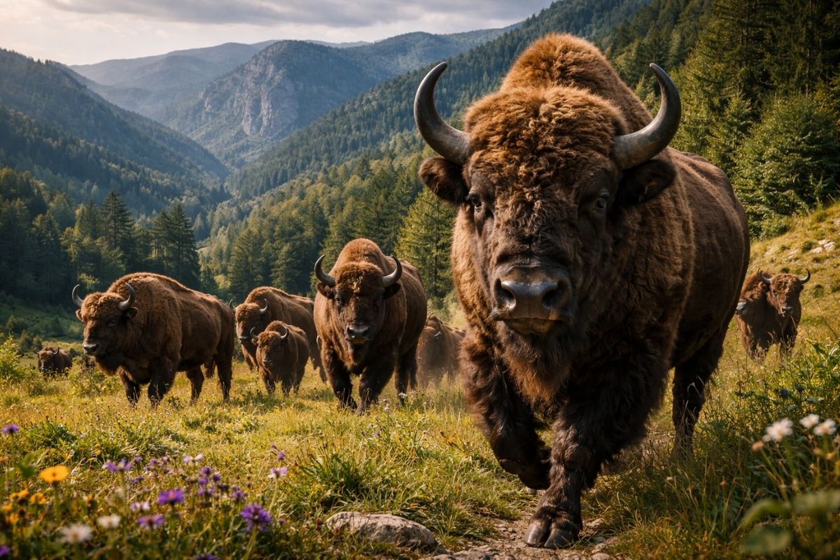 Bisontes europeus chegam a Zhenda, nas Montanhas Ródope, na Bulgária: rewilding eleva a população para 24 e reforça biodiversidade, além de sequestro de carbono e turismo de natureza.