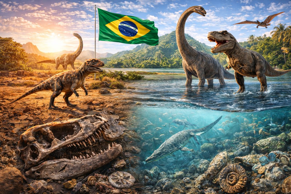 Brasil foi berço dos primeiros dinossauros do planeta, abrigou gigantes colossais, desertos, geleiras e mares fósseis, e guarda hoje uma das histórias pré-históricas