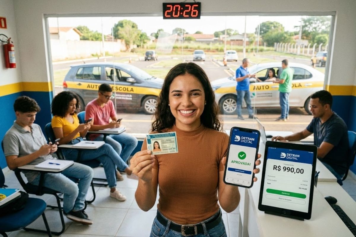CNH 2026 zera curso teórico, mantém taxas do Detran, usa biometria facial e reduz aulas práticas, permitindo que o candidato faça quase tudo pelo celular e barateie a habilitação no Brasil em 2026.