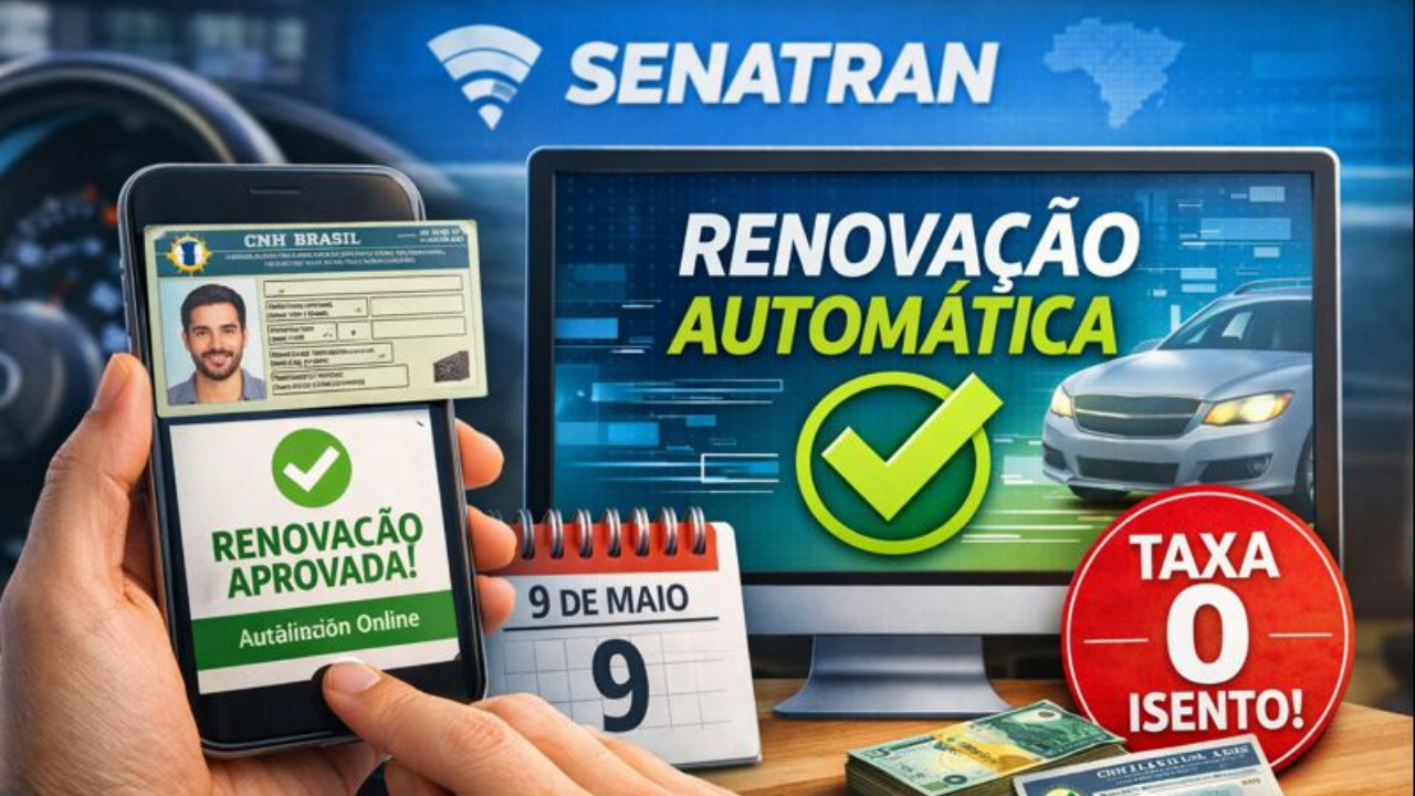Renovação automática da CNH entra em vigor dia 09/01/26, com isenção de taxas, menos exames e processo digital pela Senatran.