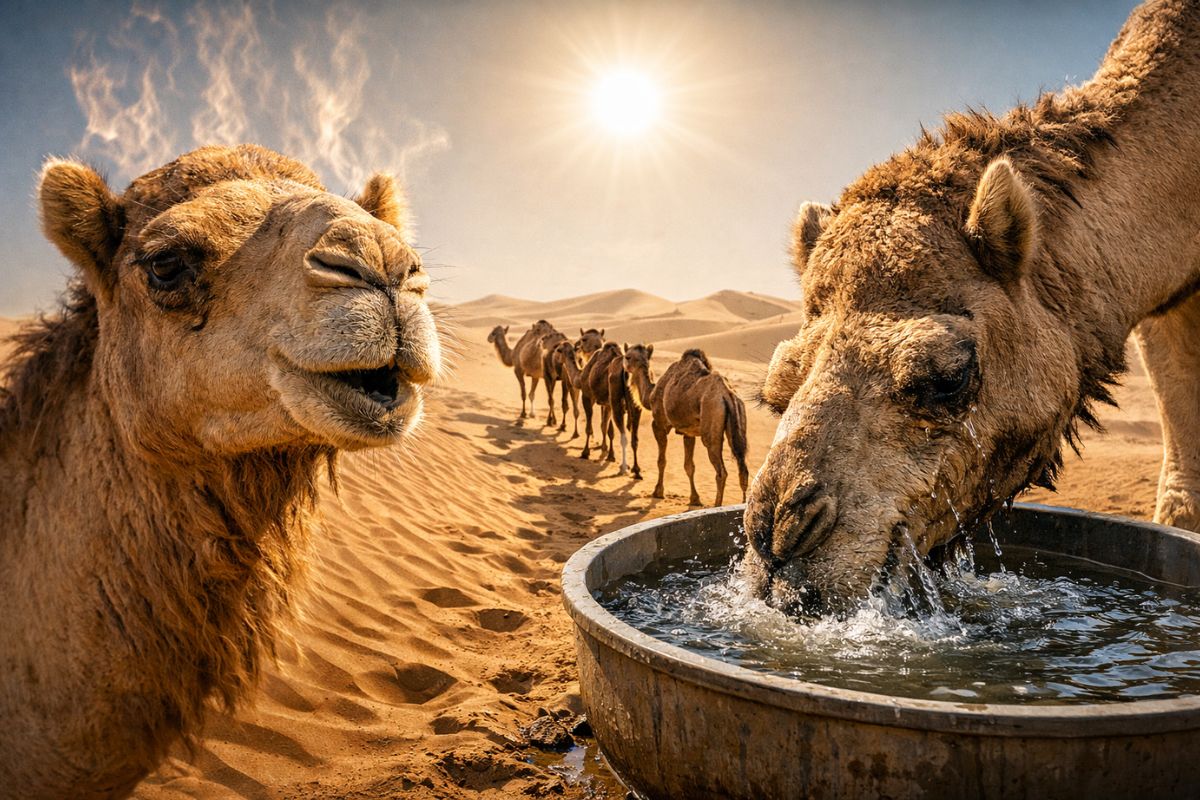 camelos no deserto: corcova, temperatura corporal e desidratação explicam como sobrevivem dias sem água e bebem 100 litros de uma vez.