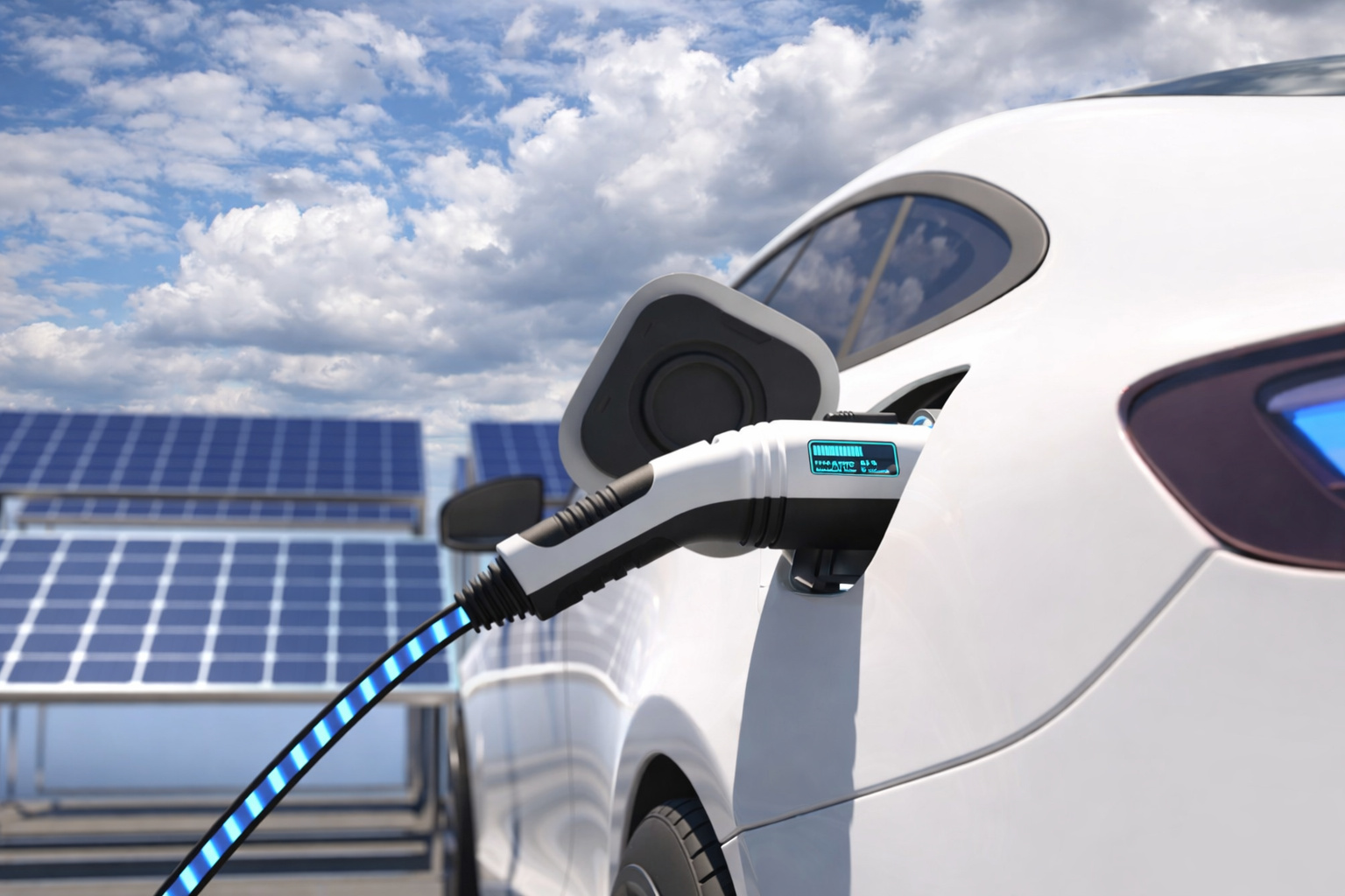 Carro elétrico branco sendo carregado com cabo conectado, com painéis solares ao fundo e céu com nuvens durante o dia.