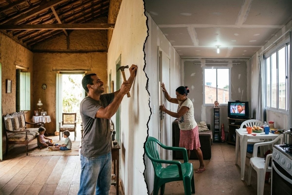 casa antiga vira referência de durabilidade: pé direito alto, móveis robustos, janelas maiores e madeira maciça, enquanto projetos atuais encolhem e barateiam.