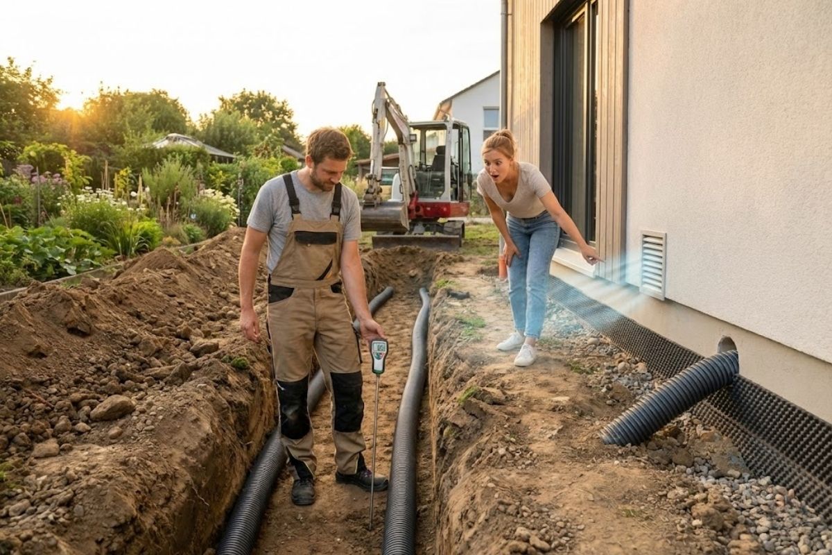 Casa resfriada de graça com poço canadense usa trincheira e convecção para reduzir ar condicionado no verão, com medições de temperatura.