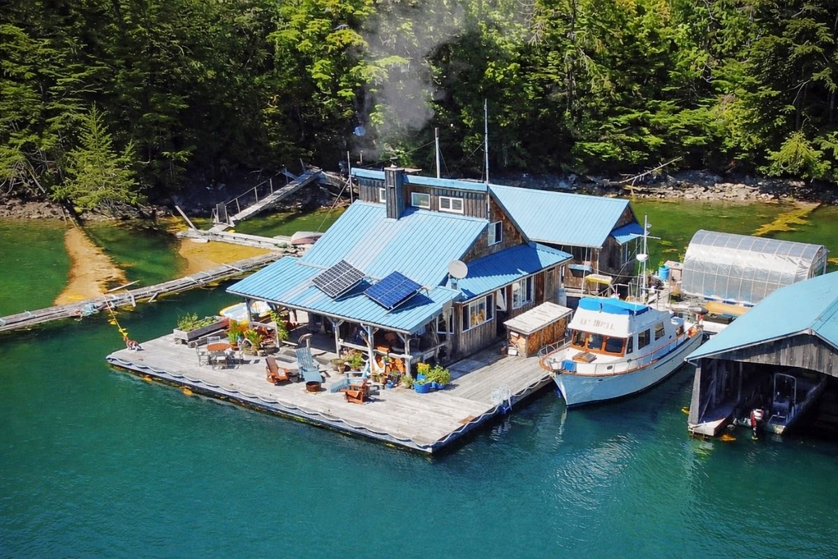Casal vive há décadas em casa flutuante totalmente off-grid, acessível só por barco, gera a própria energia, água e comida, enfrenta tempestades, isolamento extremo