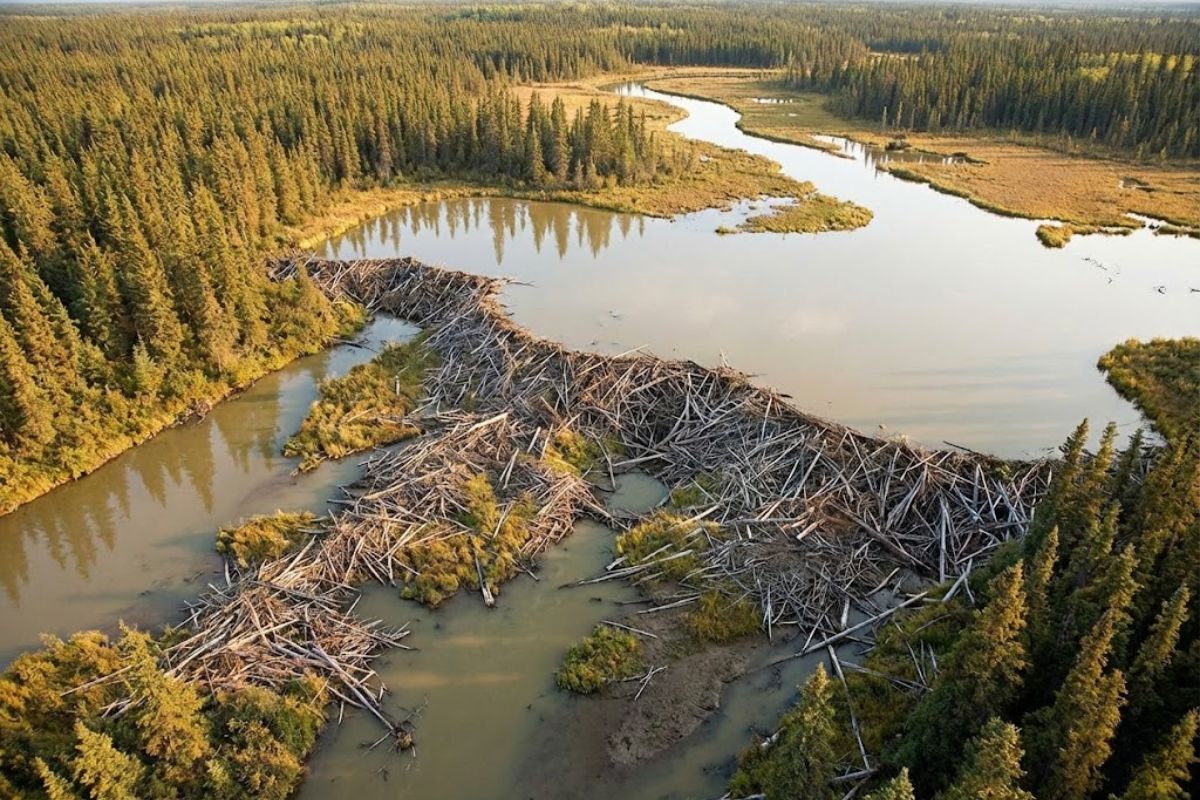 Castores constroem represa de castores gigante, criam barragem natural, expandem zonas úmidas e aumentam a resiliência climática com engenharia animal visível do espaço.