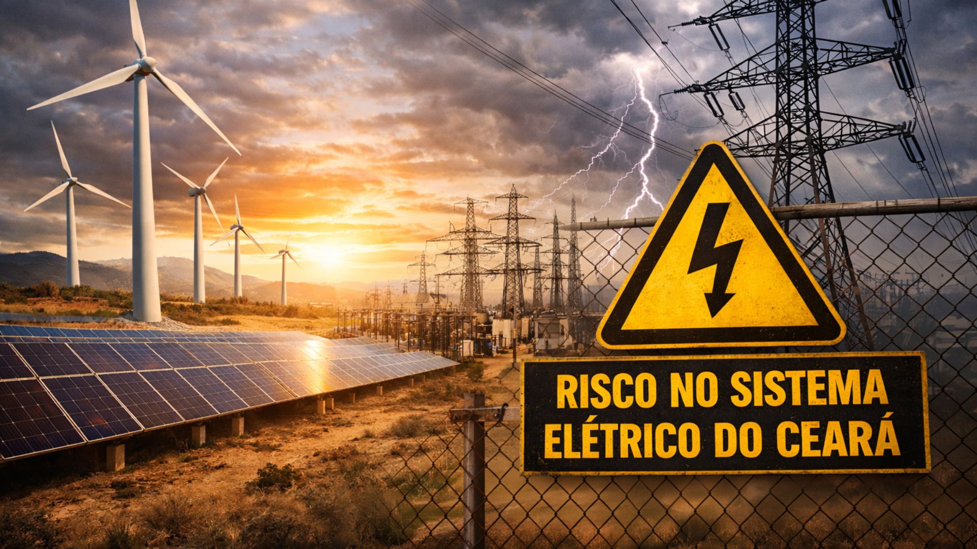 Sistema elétrico do Ceará com torres de transmissão, parques eólicos e painéis solares sob céu carregado, simbolizando riscos operacionais e cortes na geração de energia renovável