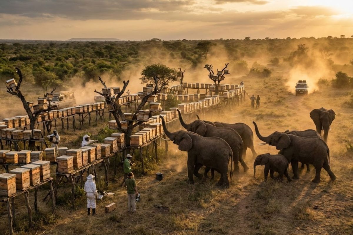 Centenas de colmeias instaladas na vila de Upper Kitete, no corredor de elefantes da Cratera de Ngorongoro