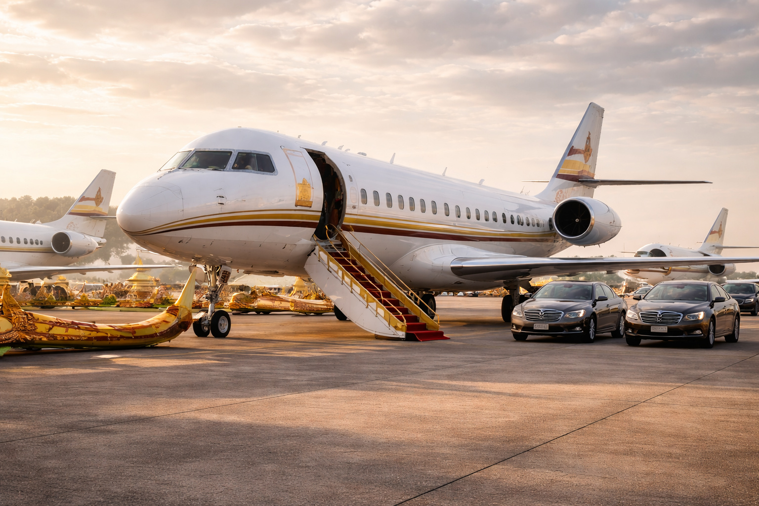 Frota de jatos particulares da monarquia tailandesa estacionada em aeroporto, simbolizando o patrimônio aéreo do rei da Tailândia.
