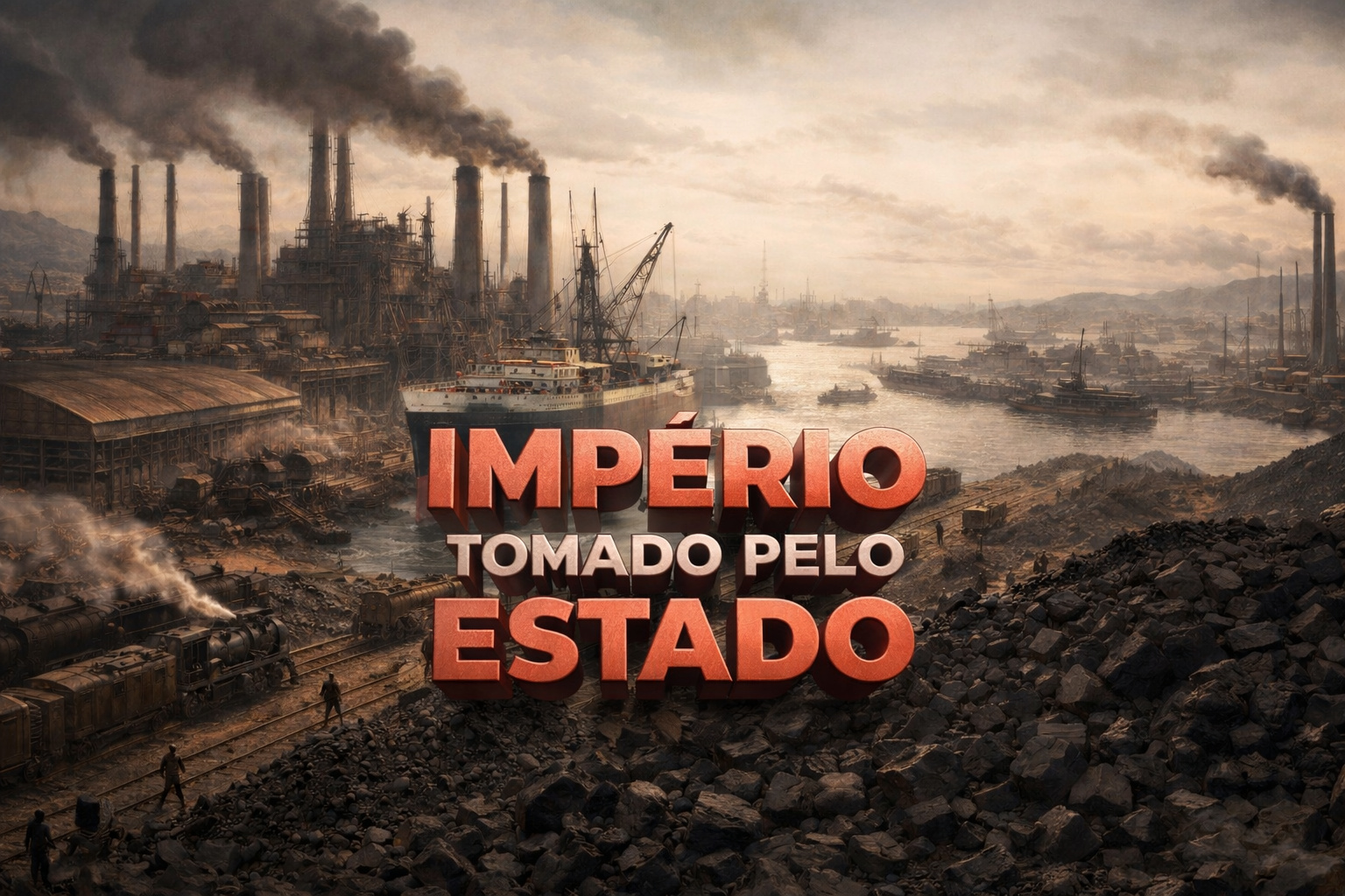 Complexo industrial com estaleiros, minas de carvão, ferrovias e navios simbolizando um império industrial estatizado pelo Estado brasileiro.
