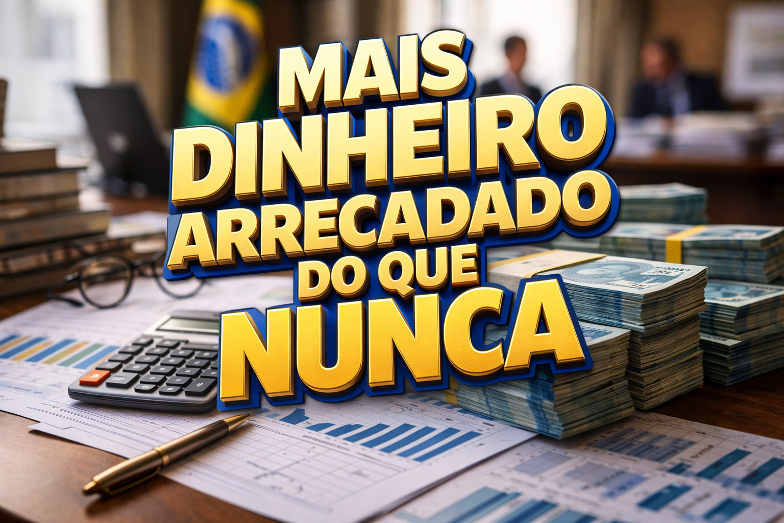 Pilhas de dinheiro, documentos fiscais e calculadora representam recorde de arrecadação federal no Brasil em 2025.