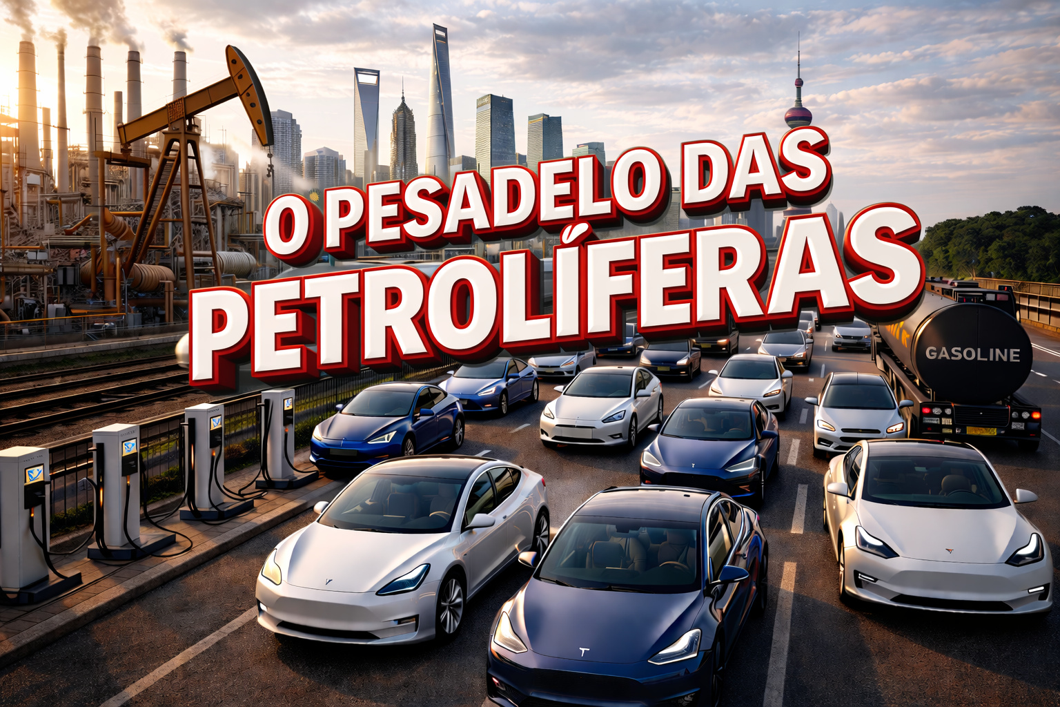 Carros elétricos circulam em cidade chinesa ao lado de refinaria, trem de alta velocidade e caminhão de combustível, simbolizando o pesadelo das petrolíferas