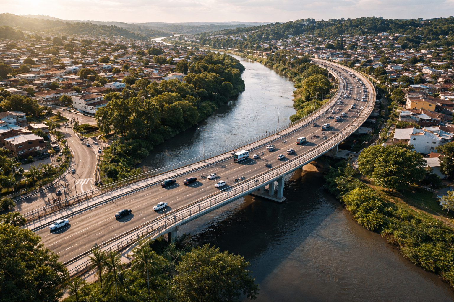 Ponte curva sobre o Rio Itaum-Açu em Joinville liga os bairros Fátima e Guanabara e integra novo eixo viário urbano