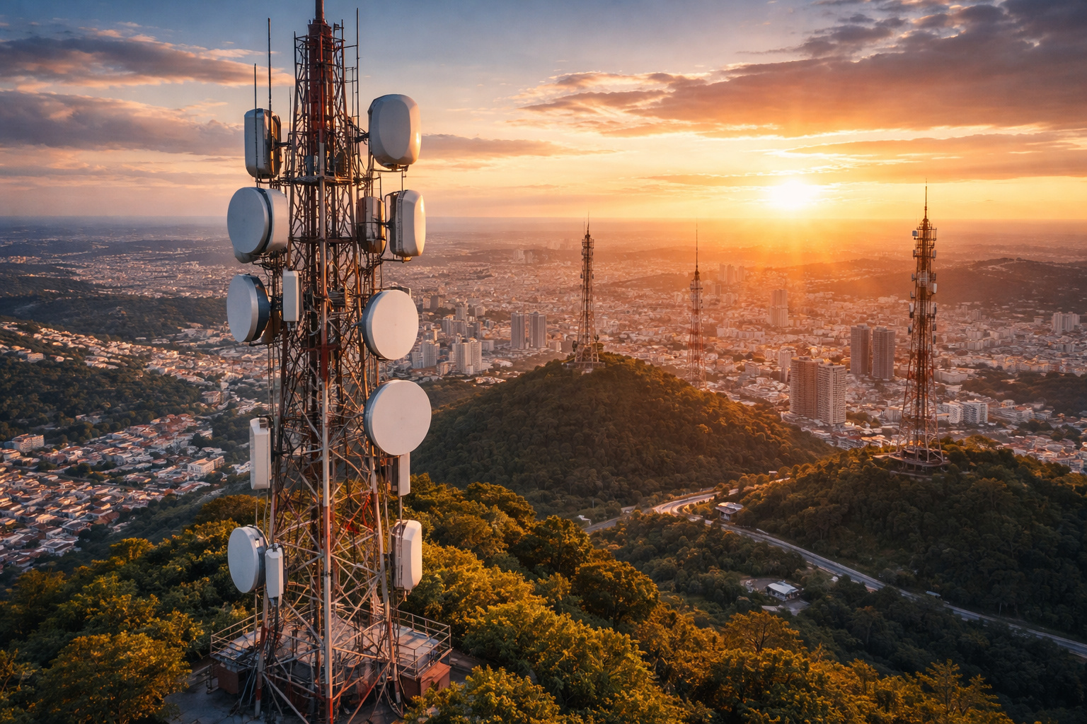 Torres de telecomunicações instaladas em área urbana brasileira para expansão da rede móvel 4G e 5G