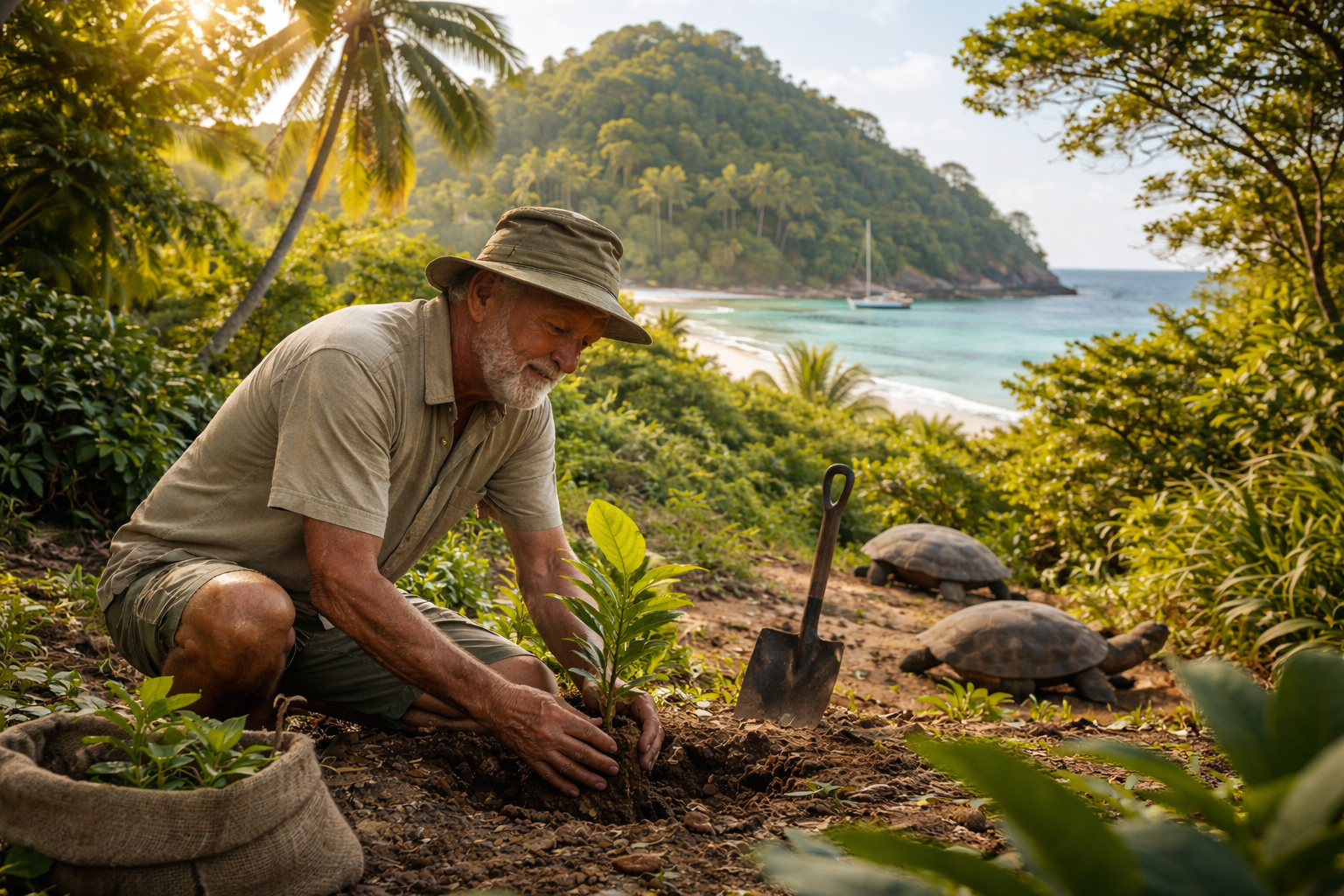 Britânico planta muda em ilha tropical das Seychelles durante projeto de reflorestamento que recuperou solo, floresta e fauna nativa.