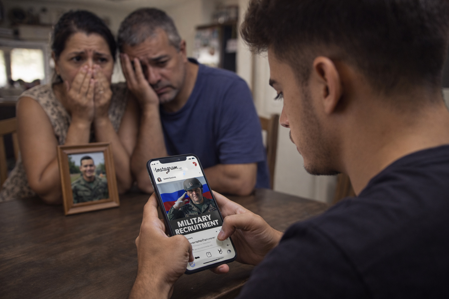 Jovem brasileiro visualiza anúncio de alistamento militar no Instagram enquanto família demonstra preocupação em casa