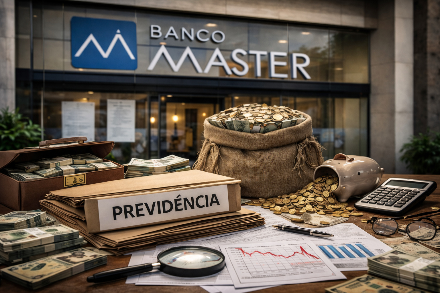 Fachada do Banco Master ao fundo com documentos de previdência, dinheiro e moedas representando prejuízo em fundos previdenciários estaduais
