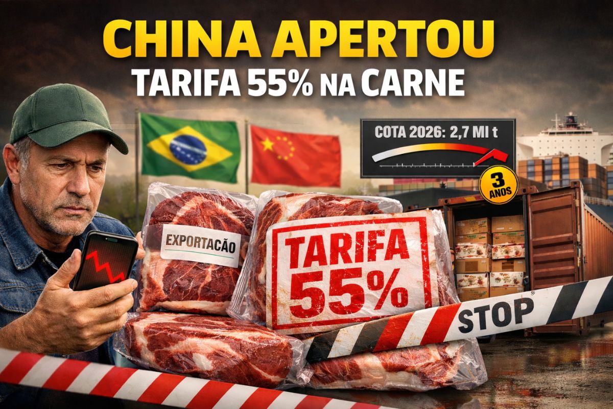 China impõe tarifa de 55% sobre carne brasileira, ameaça bilhões do agro, expõe silêncio do governo, pressiona frigoríficos, produtores e exportações e acende alerta máximo