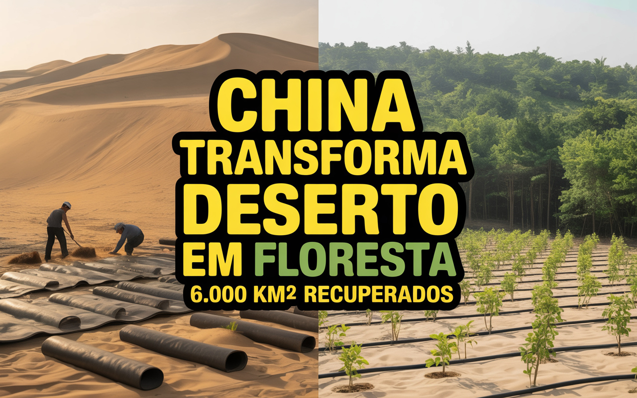 China estabiliza dunas móveis e transforma deserto em floresta usando tapetes biológicos que fixam areia, irrigação mínima e espécies resistentes ao calor para recuperar mais de 6.000 km² em um dos ambientes mais hostis do planeta