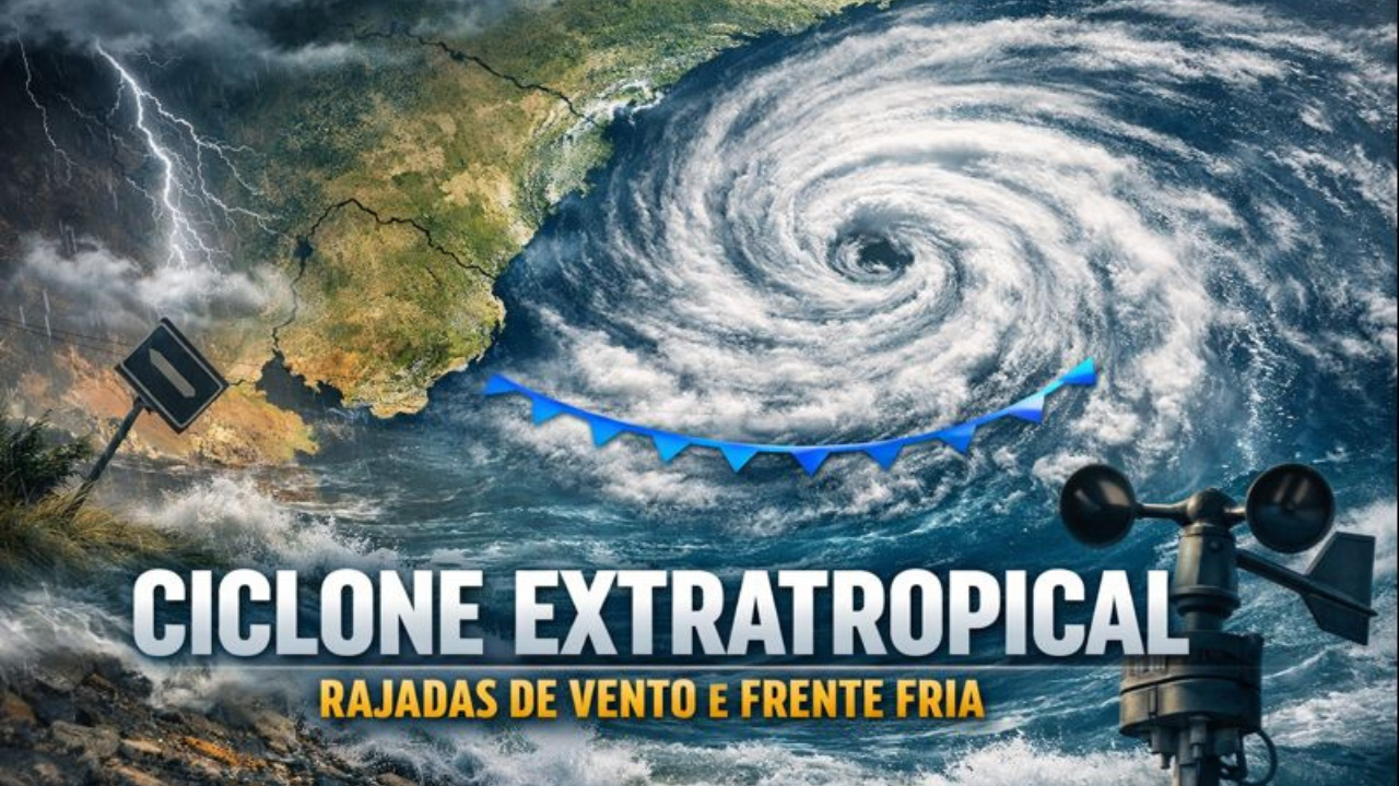 Ciclone extratropical associado à baixa pressão provoca instabilidade atmosférica, rajadas de vento e frente fria no Sul.